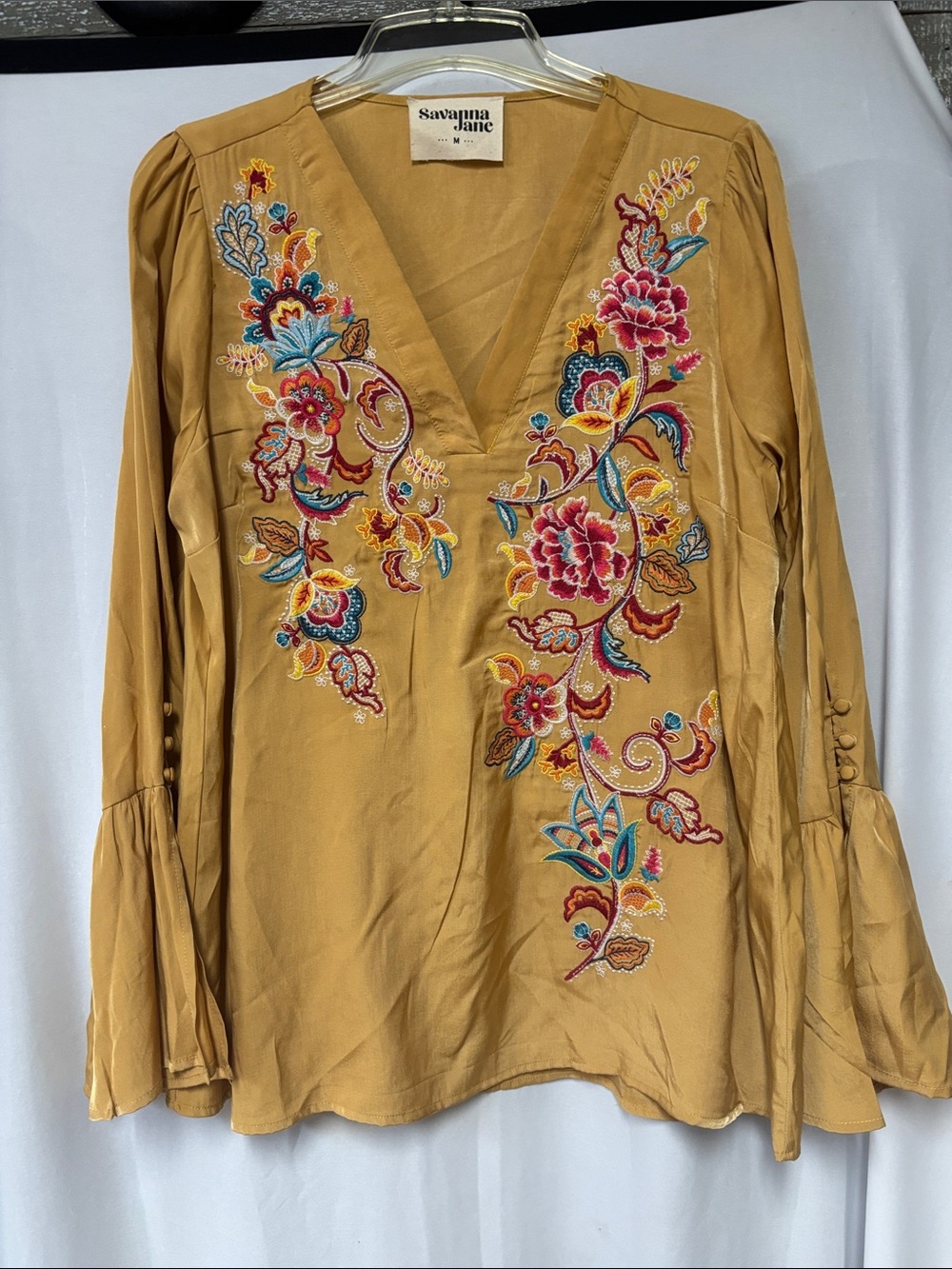Savanna Jane Mustard Embroidered V-Neck Bell Sleeve Blouse